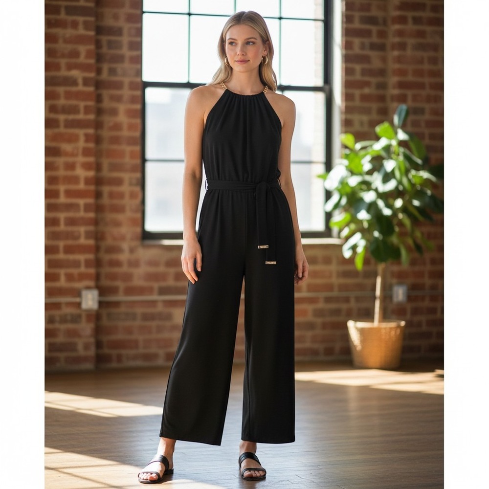 Michael Kors Jumpsuit Womens L Chain Halter Wide Leg Black Belted Excellent